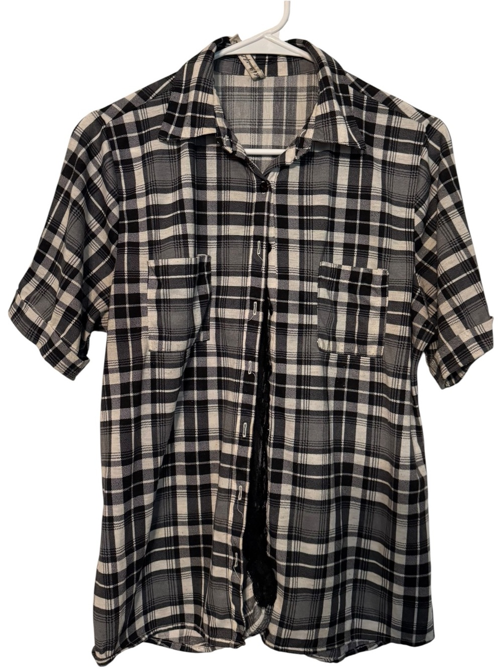 Women’s 1X Black Gray Plaid Button Up Shirt Lace Back Roll Tab Sleeves